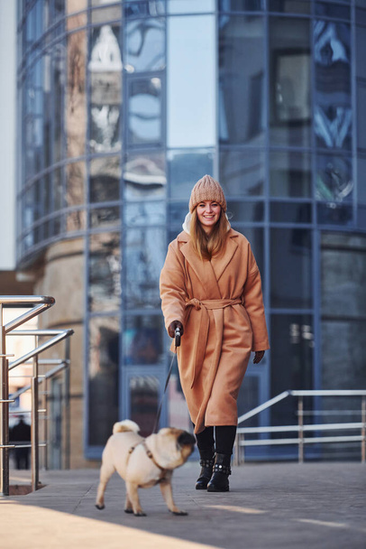 Woman in warm clothes have a walk with her little pug dog near business building that on background. - Fotoğraf, Görsel