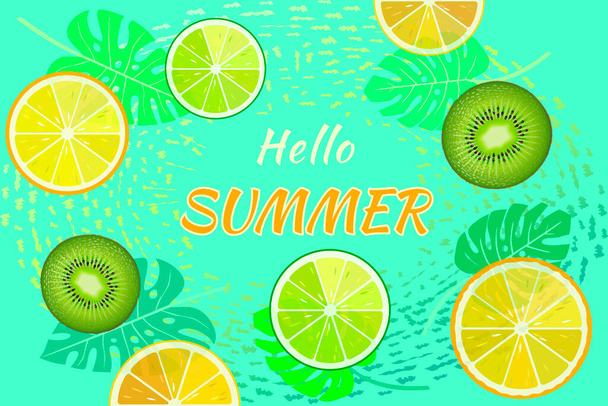 Colorful fruit on  tropical leaves background with stylish text Hello Summer. Light green Festive Background with Colorful Oranges, limes, kiwi. Summer Time Background for Banner or Poster Design. - Vektor, kép