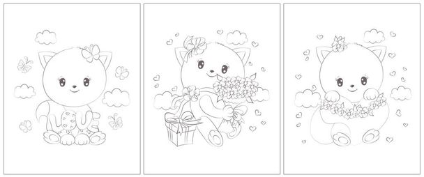 Cute outline cats for coloring pages. Set of 3 pages for a coloring book. Cute animal vector illustration in black and white. Outline animals for coloring pages. - Vector, Image
