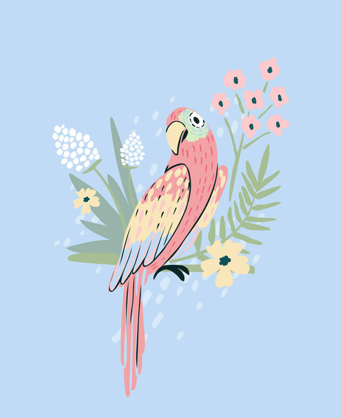 Parrot background with flowers and palm leaf. Cute illustration for girls, baby, or kids. - Вектор,изображение