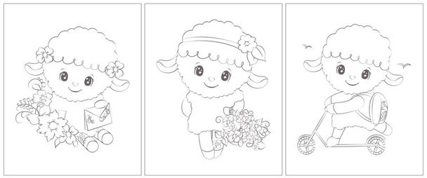Black and white sheep. Set of 3 pages for a coloring book. Cute animal vector illustration in black and white. Outlines of animals for coloring pages for girls and boys. - Vector, Imagen