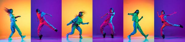 Bright collage with men dancing breakdance and hip-hop dancers isolated on multicolor background in neon. Youth culture, hip-hop, style and fashion, action. - Photo, image