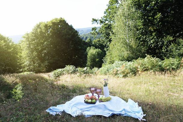 Summer picnic with croissants, fruits, chocolate and glass of wine in the forest. Cottage core aesthetic. Summer vibe - Fotografie, Obrázek