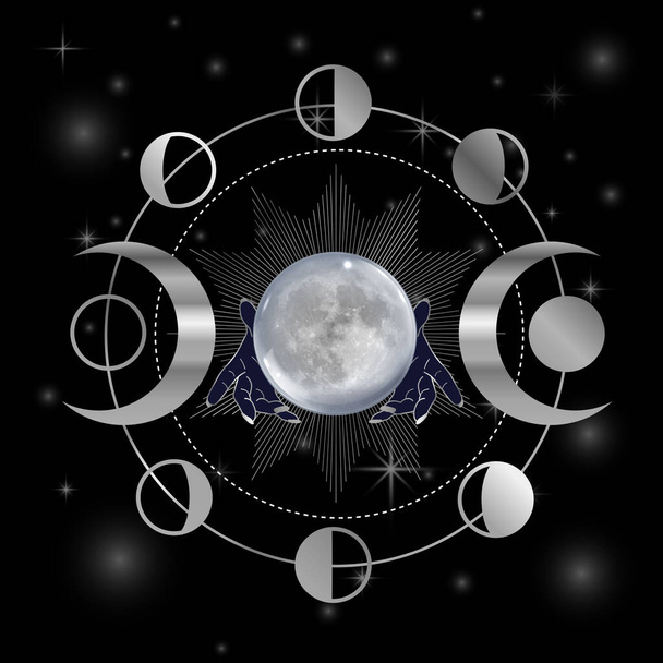 Full moon and triple goddess in hands of Gypsy or witch - Vector, Image
