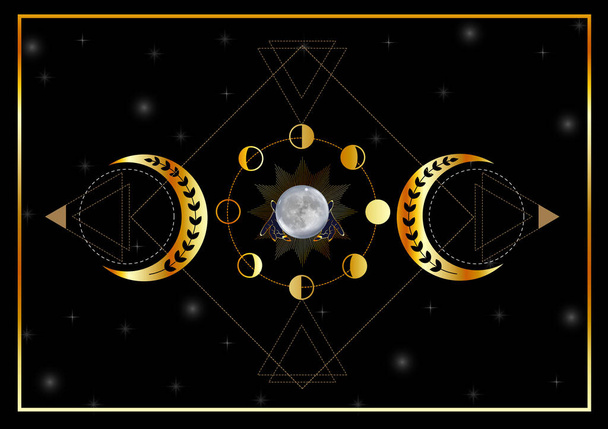 Triple Goddess golden moon phases with witch hands - Vector, imagen