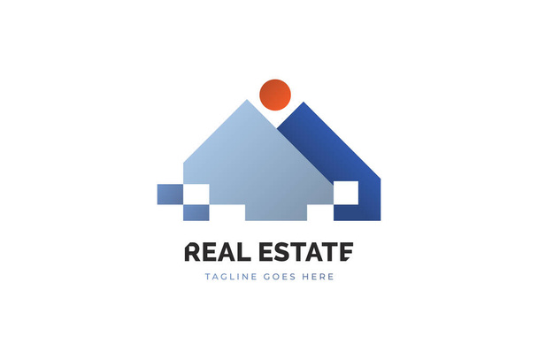 Diseño moderno del logotipo de bienes raíces. Logotipo abstracto de la casa azul con sol arriba. Arquitectura o construcción Industria Identidad de marca - Vector, Imagen