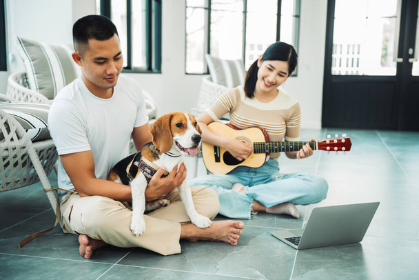 Happy young adult asian couple working online at home and playing with beagle dog while using laptop in living room  - Foto, immagini