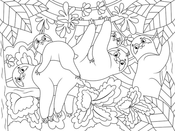 Family of sloths on tree branches and lianas. Cartoon coloring poster. - Foto, Bild