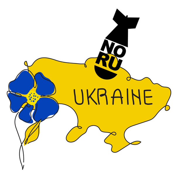 Map of Ukraine with flower and Russian or RF bombs NO RU. Vector illustration in tradition Ukrainian flag colors are global politics, NO WAR, aggression problem picture in one line art style - Vektor, kép