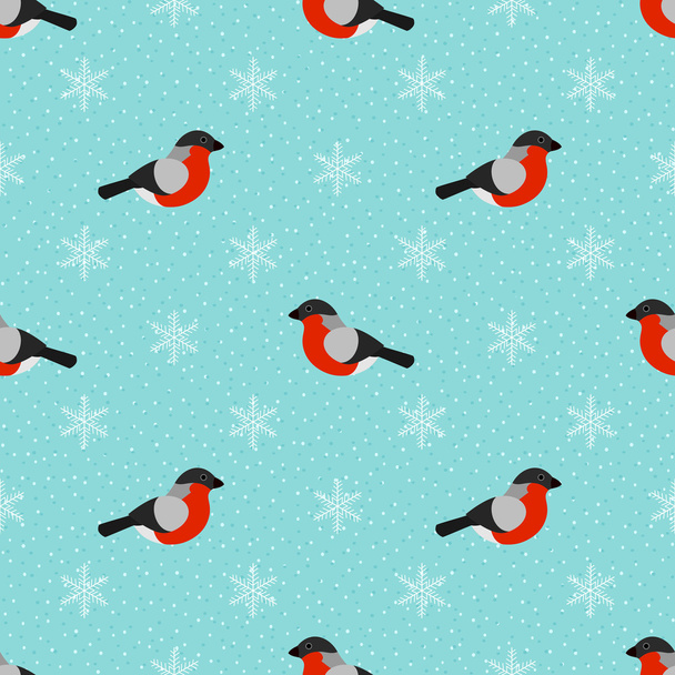 Winter seamless background with bullfinch and snowflakes - Vettoriali, immagini