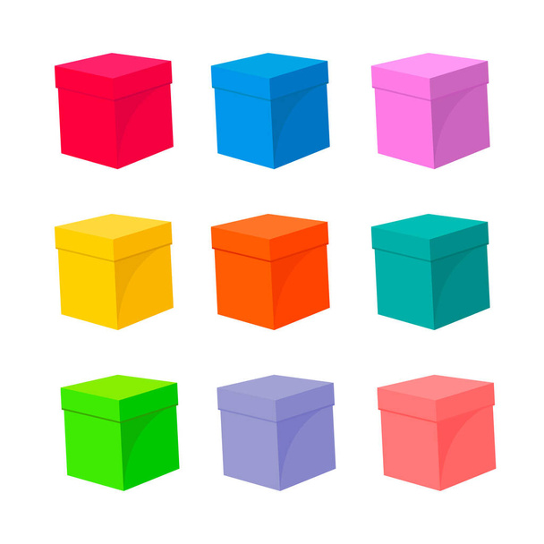 Boxes set. Collection of colorful closed warehouse cardboard box. Color image of package. Vector illustration of paper cubes - Διάνυσμα, εικόνα