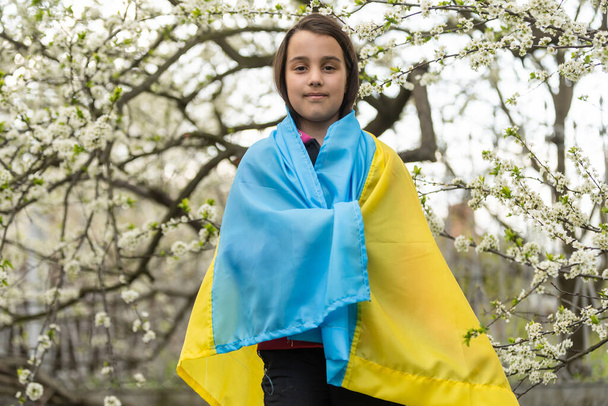 Pray for Ukraine. Child with Ukrainian flag. little girl with the flag of Ukraine waving national flag praying for peace. Happy kid celebrating Independence Day. - Fotoğraf, Görsel