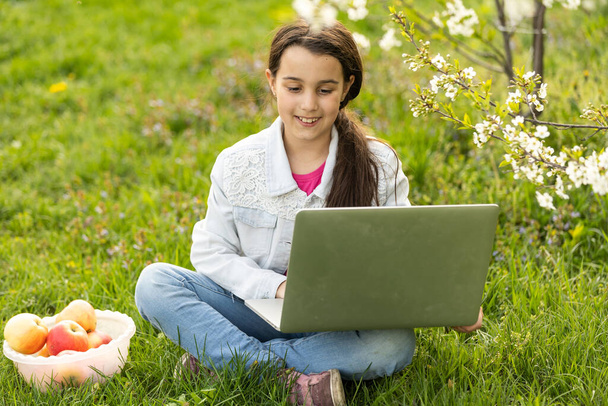 Домашнее обучение. маленькая девочка с ноутбуком видео чат в саду - Фото, изображение