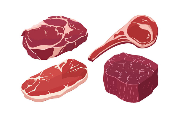 Verschillende soorten rauwe rode vlees vector illustraties in vlakke stijl. Biefstuk, varkensvlees, filet mignon, lamskoteletje. Geïsoleerde verzameling van vlees.  - Vector, afbeelding