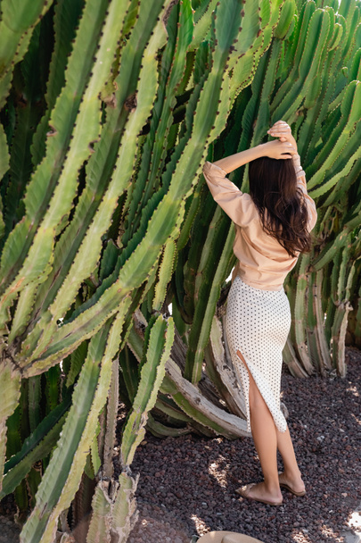 back view of brunette woman standing with raised hands near huge cacti - Fotó, kép