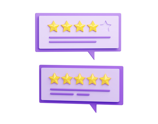 Customer review 3d render illustration - stars and text message on speech bubble. - Foto, afbeelding