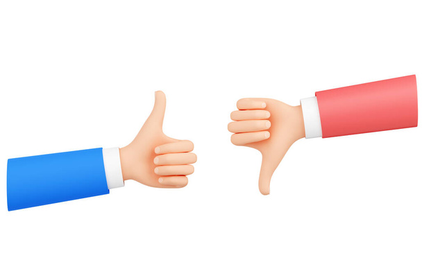 Hands with thumbs up and down gesture 3d render showing positive and negative feedback. - Foto, immagini
