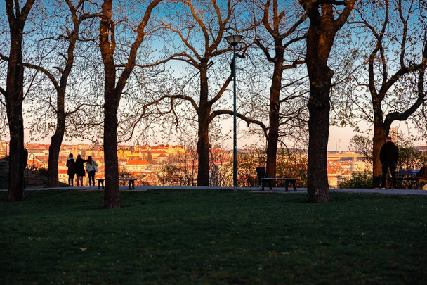 People watching sunset in popular park. Angel, Prague, Czech Republic. Silhouettes of people and trees on beautiful view of city - 写真・画像