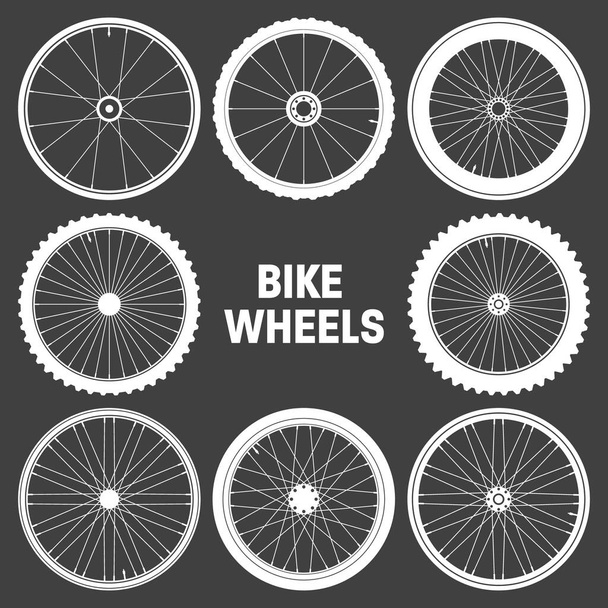 Колекція символів білого велосипедного колеса. Силуети велосипедних гумових шин. Фітнес-цикл, дорожній та гірський велосипед. Векторні ілюстрації
. - Вектор, зображення