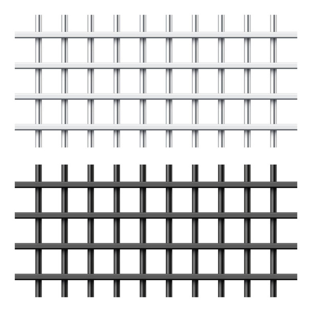 Realistic black and silver metal prison bars isolated on white background. Detailed jail cage, prison iron fence. Criminal background mockup. Creative vector illustration. - Vector, Image
