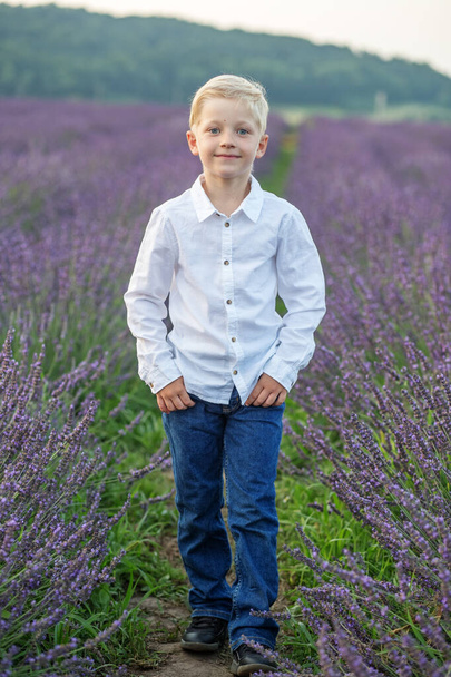 Vaalea kouluikäinen poika. Lapsen muotokuva violetissa laventelipellossa kesällä. Valkoinen paita. Lapsi viettää lomansa maaseudulla. - Valokuva, kuva