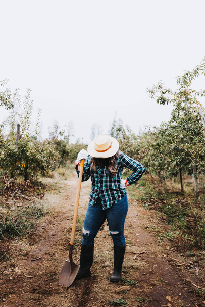 Неузнаваемая латинская женщина-фермер отдыхает от работы и держит лопату на ферме. Женская оккупация. - Фото, изображение