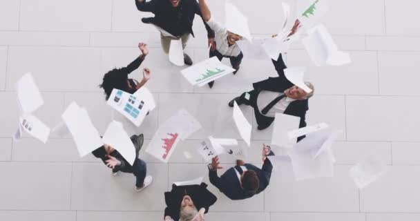 Our numbers just came back for the year. 4k footage of a group of businesspeople celebrating by throwing their paperwork in the air. - Séquence, vidéo