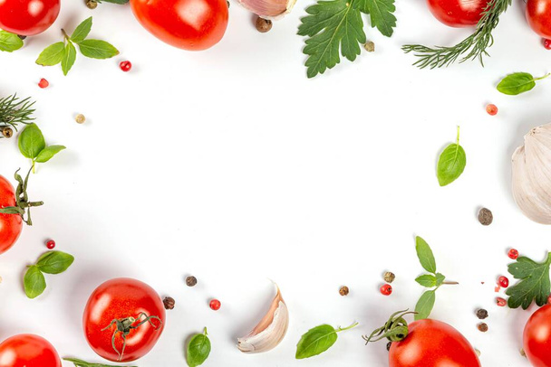 Frame with fresh herbs, tomatoes, garlic and spices on white, fr - Фото, изображение