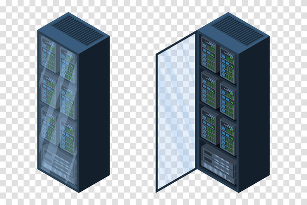 Isometric servers. Data storages. 3D computer equipment. Storage database. Equipment server network. Big data illustration - Vettoriali, immagini