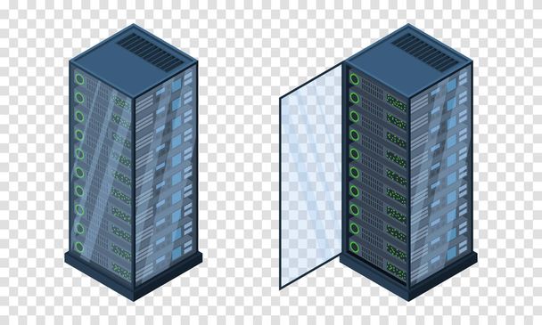 Изометрические серверы. Хранилища данных. 3D компьютерное оборудование. База данных. Серверная сеть оборудования. Иллюстрация больших данных - Вектор,изображение
