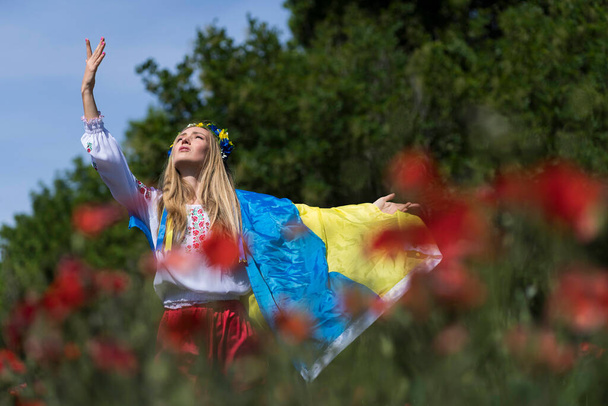 Una joven rubia ucraniana se encuentra en un campo de flores de amapola roja sosteniendo la bandera de Ucrania mostrando su apoyo a la guerra en su país natal, Ucrania. - Foto, Imagen