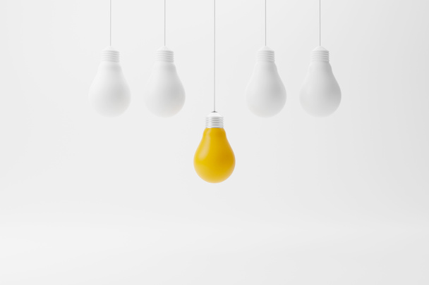 Висячая лампочка желтого цвета среди группы лампочек. Концепция креативной идеи и инноваций, Уникальная, Думайте иначе, индивидуально и выделяясь из толпы. Трехмерная иллюстрация - Фото, изображение