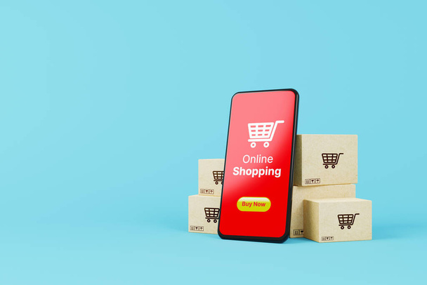 Online winkelen concept. Web of mobiele applicatie e-commerce. Smartphone en papieren doos op blauwe achtergrond. 3d destructie - Foto, afbeelding