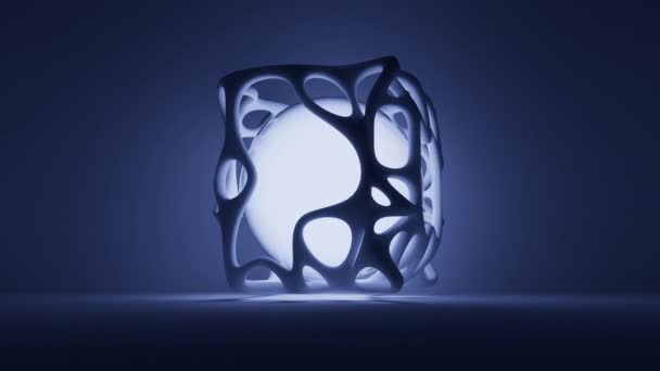 Estructura moderna del cubo abstracto que gira alrededor de la esfera de luz brillante en el fondo de bucle de la habitación - Metraje, vídeo