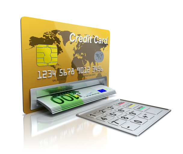 Cajero automático en la tarjeta de crédito con billetes en euros
 - Foto, imagen