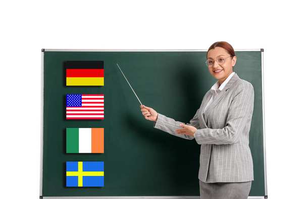 Portrait of female teacher near blackboard with different flags on white background - Fotó, kép