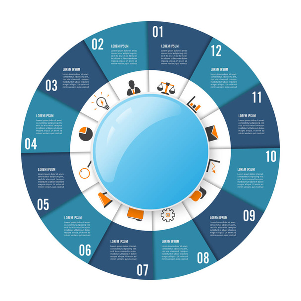 Circle chart infographic template with 12 options for presentations, advertising, layouts, annual reports - Вектор,изображение