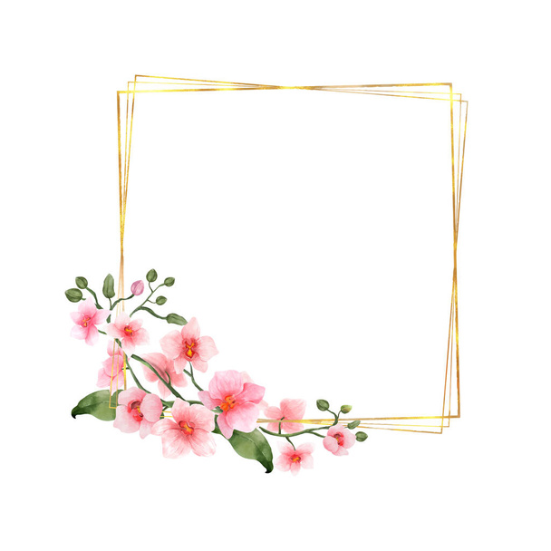 Pink Orchid Flowers watercolor border for wedding, greeting or invitation card isolated. Luxury vintage flowers with shiny gold frame for summer or spring template. Vector illustration. - Vetor, Imagem