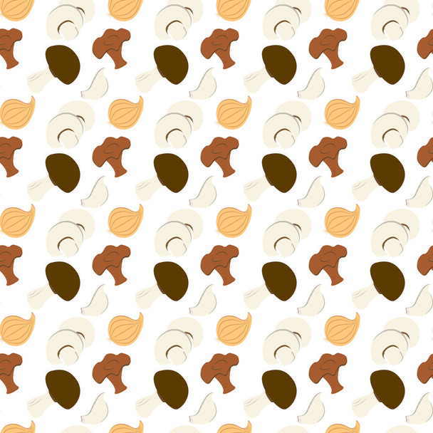 Seamless pattern of various mushrooms, onion heads and garlic cloves cartoon style. - Διάνυσμα, εικόνα