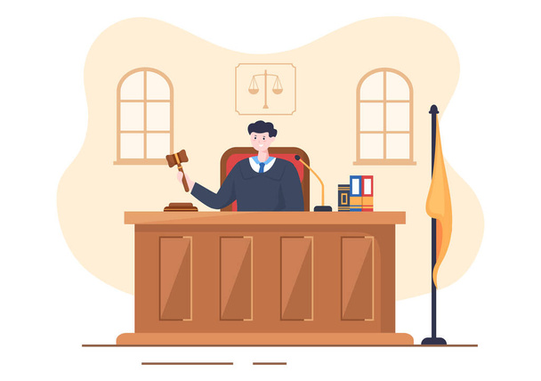 フラット漫画デザインイラストで弁護士、陪審裁判官、証人または裁判官と木製の裁判官ハンマーと裁判所の部屋 - ベクター画像