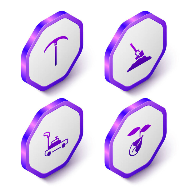 Set Isometric Pickaxe, Shovel in the ground, Lawn mower and Sprout icon. Purple hexagon button. Vector - Vektor, kép
