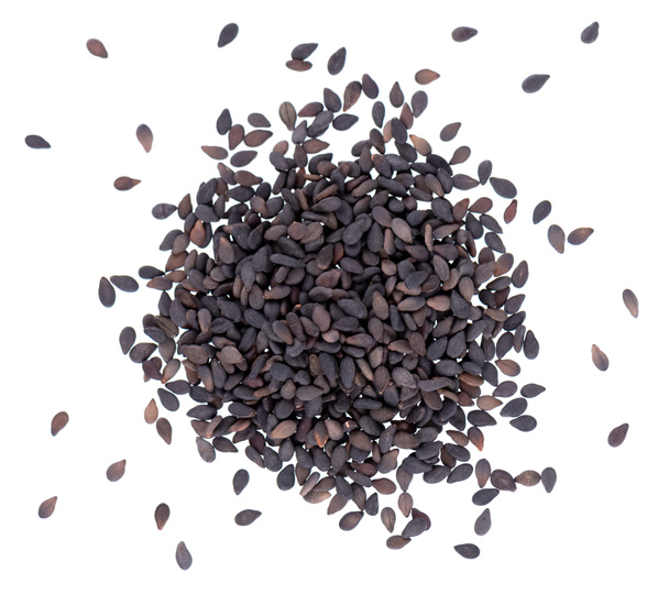 Black sesame seeds isolated on white background. Organic spice. Top view - Zdjęcie, obraz
