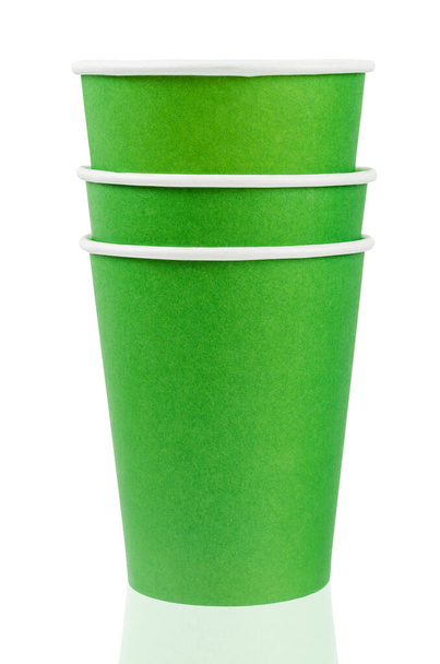 The Green color paper drink glass disposable isolated on white background, save clipping path. - Φωτογραφία, εικόνα