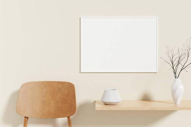 Minimalistische en schone horizontale witte poster of fotolijst model op de houten tafel in de kamer. 3D-weergave. - Foto, afbeelding