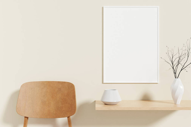 Minimalist and clean vertical white poster or photo frame mockup on the wooden table in living room. 3D Rendering. - 写真・画像