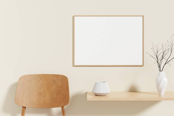 Minimalist and clean horizontal wooden poster or photo frame mockup on the wooden table in room. 3D Rendering. - 写真・画像