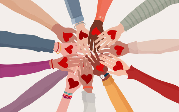 Palms up of group of diverse people in circle with heart in hand. Charity donation and volunteer work. Support and assistance. Multicultural and multiethnic community. People diversity - Vettoriali, immagini