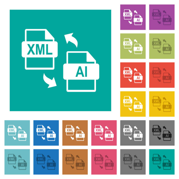 XML AI μετατροπή αρχείων πολλαπλών χρωματιστά επίπεδη εικονίδια σε απλό τετράγωνο φόντο. Περιλαμβάνονται λευκές και σκούρες παραλλαγές εικονιδίων για αιωρούμενα ή ενεργά εφέ. - Διάνυσμα, εικόνα