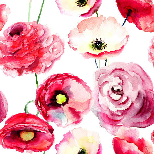 Seamless wallpaper with Colorful red flowers - Zdjęcie, obraz