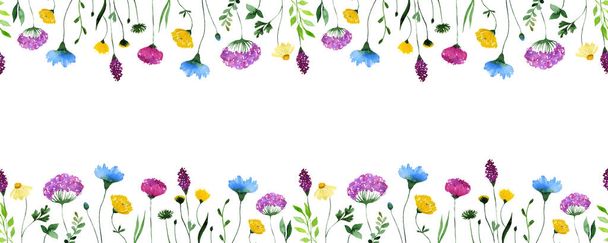 Watercolor wildflower seamless border. Floral rectangle frame with place for text. - Vektor, Bild